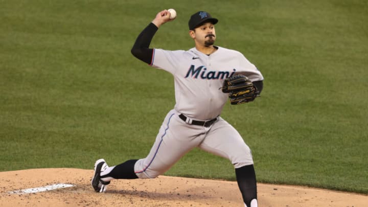 WASHINGTON, DC - APRIL 30: Starting pitcher Pablo Lopez #49 of the Miami Marlins works the third inning against the Washington Nationals at Nationals Park on April 30, 2021 in Washington, DC. (Photo by Patrick Smith/Getty Images)