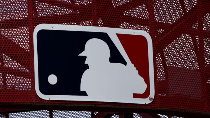 ANAHEIM, CALIFORNIA - MAY 22: A MLB logo is seen before a game between the Oakland Athletics and the Los Angeles Angels at Angel Stadium of Anaheim on May 22, 2022 in Anaheim, California. (Photo by Ronald Martinez/Getty Images)
