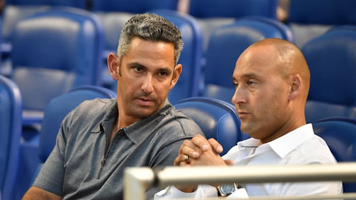 MIAMI, FL - APRIL 02: Former New York Yankee Jorge Posada visits with CEO of the Miami Marlins Derek Jeter during the game against the Boston Red Sox at Marlins Park on April 2, 2018 in Miami, Florida. (Photo by Mark Brown/Getty Images) MIAMI, FL - APRIL 02: Former New York Yankee Jorge Posada visits with CEO of the Miami Marlins Derek Jeter during the game against the Boston Red Sox at Marlins Park on April 2, 2018 in Miami, Florida. (Photo by Mark Brown/Getty Images)