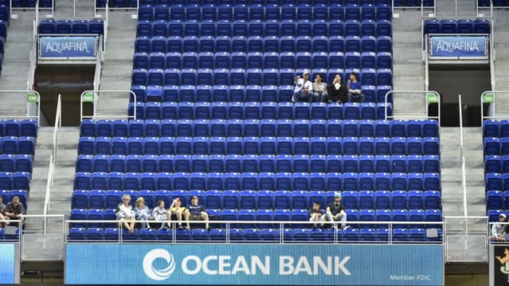 MIAMI, FL - APRIL 11: Fans sitting in the stands during the game between the New York Mets and Miami Marlins at Marlins Park on April 11, 2018 in Miami, Florida. (Photo by Eric Espada/Getty Images)