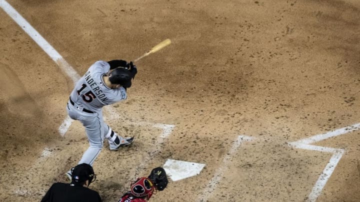 WASHINGTON, DC - JULY 06: Brian Anderson #15 of the Miami Marlins singles during the fifth inning against the Washington Nationals at Nationals Park on July 06, 2018 in Washington, DC. (Photo by Scott Taetsch/Getty Images)