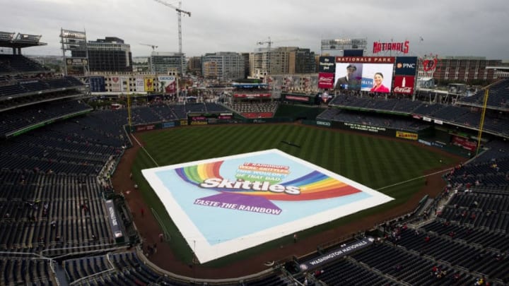 WASHINGTON, DC - AUGUST 29: The tarp covers the field before the start of the Miami Marlins and Washington Nationals game at Nationals Park on August 29, 2017 in Washington, DC. (Photo by Patrick McDermott/Getty Images)