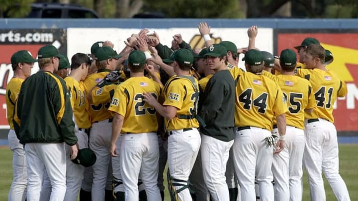 The Baylor Bears celebrate as they defeated the Long Beach State Dirtbags 4 to 2 on March 5, 2006 at Blair Field in Long Beach, California. (Photo by Reuben Canales/Getty Images)