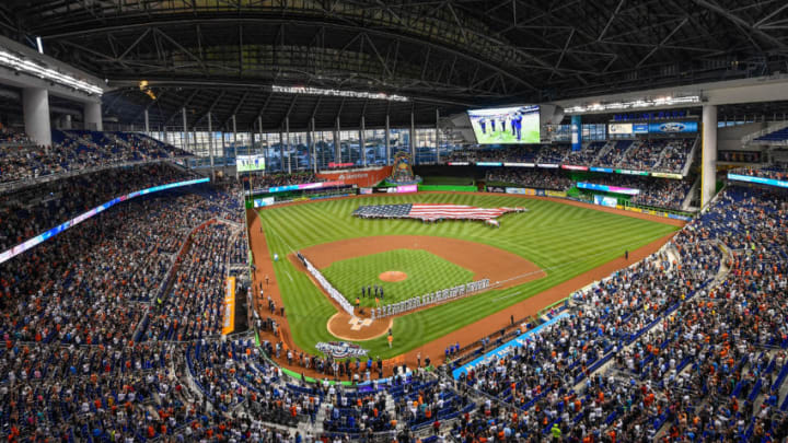 MIAMI, FL - APRIL 11: The national anthem is observed before the home opener between the Miami Marlins and the Atlanta Braves at Marlins Park on April 11, 2017 in Miami, Florida. (Photo by Mark Brown/Getty Images)