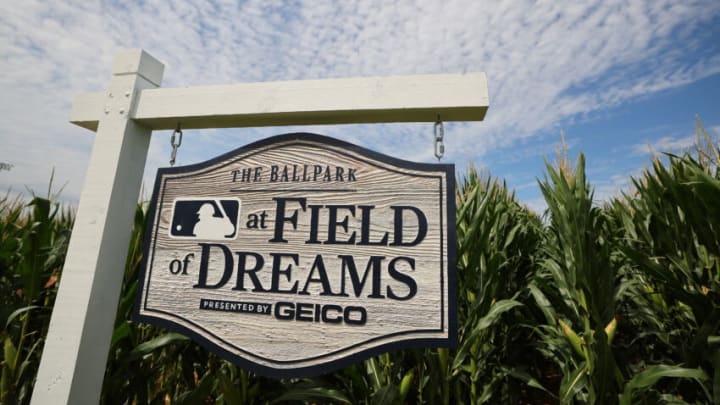 DYERSVILLE, IOWA - AUGUST 11: A general view of signage prior to the game between the Cincinnati Reds and the Chicago Cubs at Field of Dreams on August 11, 2022 in Dyersville, Iowa. (Photo by Michael Reaves/Getty Images)