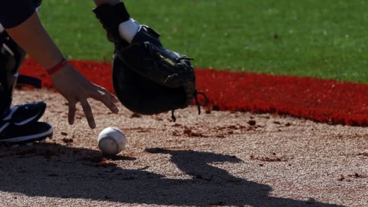 Feb 19, 2016; Lakeland, FL, USA; Detroit Tigers catcher Jarrod Saltalamacchia fields a ground ball at Joker Marchant Stadium. Mandatory Credit: Butch Dill-USA TODAY Sports