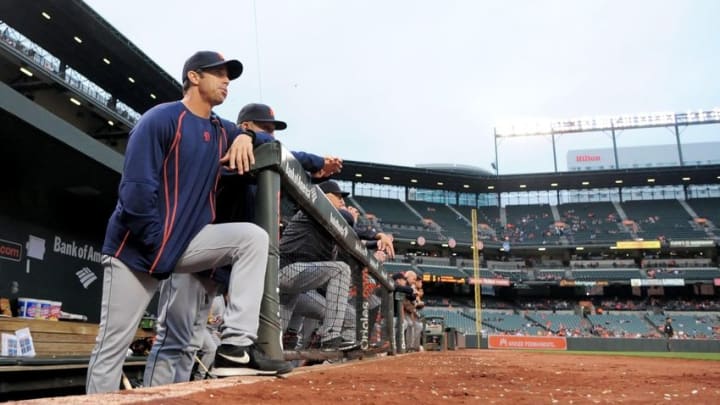 May 12, 2016; Baltimore, MD, USA; Detroit Tigers manager Brad Ausmus (7) looks on during a game against the Baltimore Orioles at Oriole Park at Camden Yards. The Baltimore Orioles won 7-5. Mandatory Credit: Evan Habeeb-USA TODAY Sports