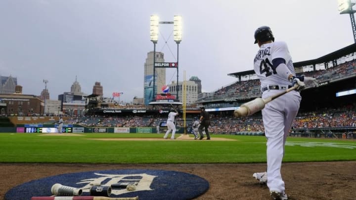 Aug 17, 2016; Detroit, MI, USA; Detroit Tigers designated hitter Victor Martinez (41) gets set to bat in the first inning against the Kansas City Royals at Comerica Park. Mandatory Credit: Rick Osentoski-USA TODAY Sports