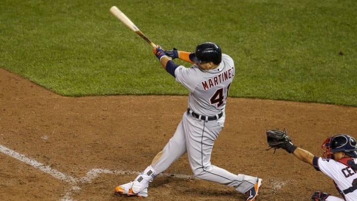 Aug 23, 2016; Minneapolis, MN, USA; Detroit Tigers designated hitter Victor Martinez (41) hits a home run against the Minnesota Twins in the seventh inning at Target Field. The Tigers win 8-3. Mandatory Credit: Bruce Kluckhohn-USA TODAY Sports