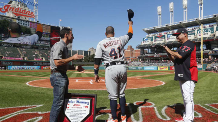 CLEVELAND, OH - SEPTEMBER 15: Victor Martinez #41 of the Detroit Tigers waves to the crowd after receiving a plaque honoring his announced retirement from Cleveland Indians President Chris Antonetti (L) as Cleveland Indians Manager Terry Francona #77 looks on before the start of the game against the Detroit Tigers at Progressive Field on September 15, 2018 in Cleveland, Ohio. (Photo by David Maxwell/Getty Images)