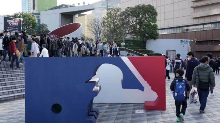 TOKYO, JAPAN - MARCH 20: The MLB logo is installed prior to the game between Seattle Mariners and Oakland Athletics at Tokyo Dome on March 20, 2019 in Tokyo, Japan. (Photo by Masterpress/Getty Images)