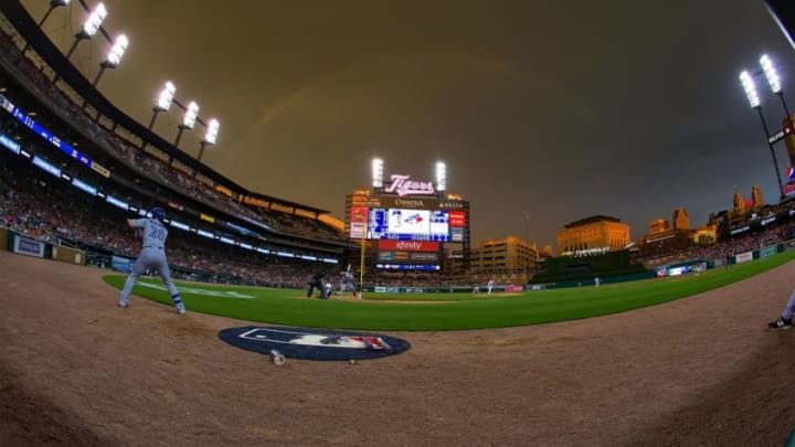DETROIT, MI - JULY 19: A rainbow appears in the fifth inning during a MLB game between the Detroit Tigers and the Toronto Blue Jays at Comerica Park on July 19, 2019 in Detroit, Michigan. (Photo by Dave Reginek/Getty Images)