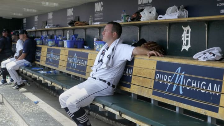 DETROIT, MI - JULY 24: Starting pitcher Jordan Zimmermann #27 of the Detroit Tigers sits in the dugout after being pulled during the fifth inning after giving up an RBI single to Rhys Hoskins of the Philadelphia Phillies at Comerica Park on July 24, 2019 in Detroit, Michigan. (Photo by Duane Burleson/Getty Images)