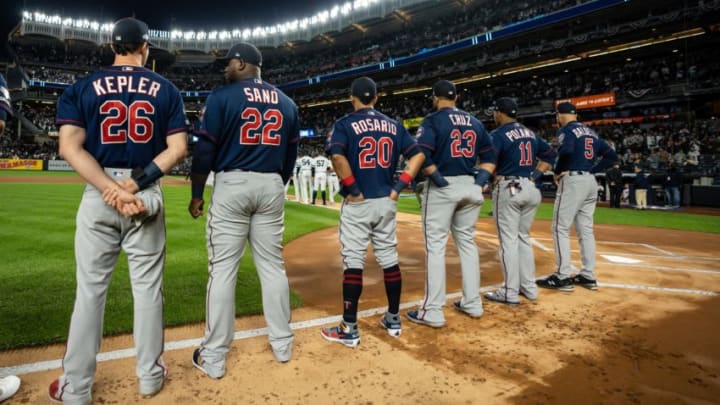 NEW YORK, NY - OCTOBER 04: Max Kepler #26, Miguel Sano #22, Eddie Rosario #20, Nelson Cruz #23 and Jorge Polanco #11 of the Minnesota Twins look on prior to the game against the New York Yankees on October 4, 2019 in game one of the American League Division Series at Yankee Stadium in the Bronx borough of New York City. (Photo by Brace Hemmelgarn/Minnesota Twins/Getty Images)