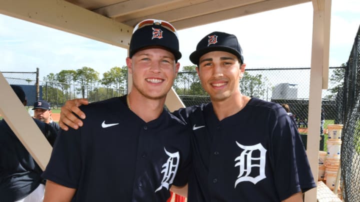 LAKELAND, FL - FEBRUARY 19: Matt Manning #83 (L) and Alex Faedo #76 of the Detroit Tigers pose for a photo during Spring Training workouts at the TigerTown Facility on February 19, 2020 in Lakeland, Florida. (Photo by Mark Cunningham/MLB Photos via Getty Images)