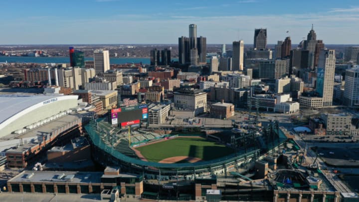 Aerial view of Comerica Park from a drone on March 14, 2020 in Detroit, Michigan. (Photo by Gregory Shamus/Getty Images)
