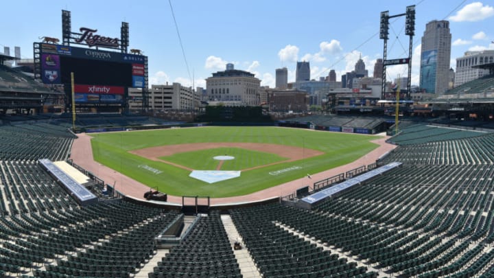 DETROIT, MI - JULY 01: A general view of Comerica Park sitting empty on July 1, 2020 in Detroit, Michigan. The park is getting ready for baseball workouts to begin on Friday July 3rd. (Photo by Mark Cunningham/MLB Photos via Getty Images)