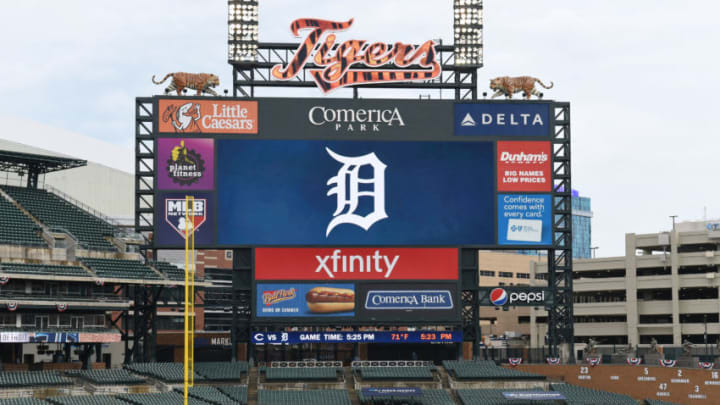 DETROIT, MI - A general view of the Comerica Park scoreboard. (Photo by Mark Cunningham/MLB Photos via Getty Images)