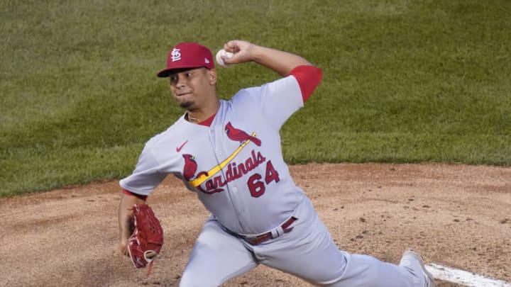 CHICAGO, ILLINOIS - AUGUST 17: Ricardo Sanchez #64 of the St. Louis Cardinals throws a pitch during the second inning of Game Two of a doubleheader against the Chicago Cubs at Wrigley Field on August 17, 2020 in Chicago, Illinois. (Photo by Nuccio DiNuzzo/Getty Images)