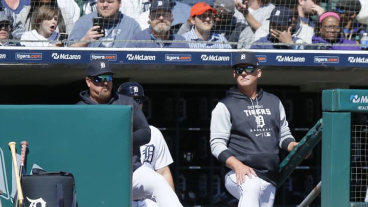 DETROIT, MI - APRIL 21: Hitting coach Scott Coolbaugh #53 of the Detroit Tigers and manager A.J. Hinch #14 watch from the dugout during a game against the New York Yankees at Comerica Park on April 21, 2022, in Detroit, Michigan. (Photo by Duane Burleson/Getty Images)