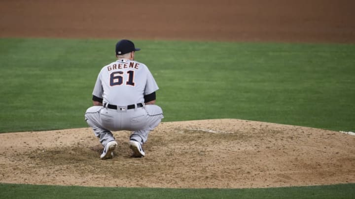 SAN DIEGO, CA - JUNE 24: Shane Greene #61 of the Detroit Tigers looks to the outfield after giving up a two-run home run to Hector Sanchez #44 of the San Diego Padres during the eighth inning of a baseball game at PETCO Park on June 24, 2017 in San Diego, California. (Photo by Denis Poroy/Getty Images)