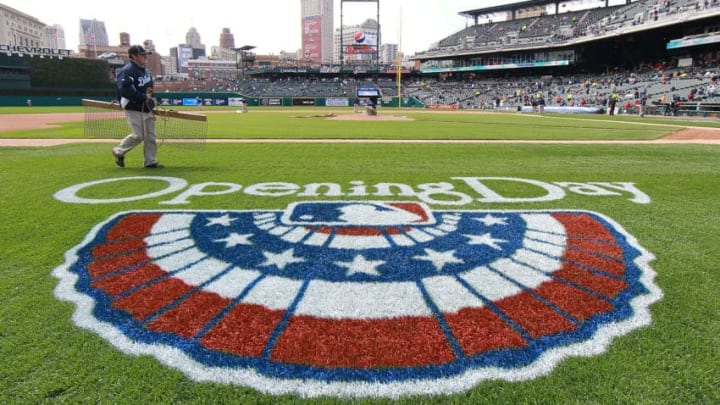 DETROIT, MI - APRIL 05: A detailed view of the opening day logo on the field at Comerica Park prior to the start of the opening day game between the Boston Red Sox and the Detroit Tigers on April 5, 2012 in Detroit, Michigan. The Tigers defeated the Red Sox 3-2. (Photo by Leon Halip/Getty Images)
