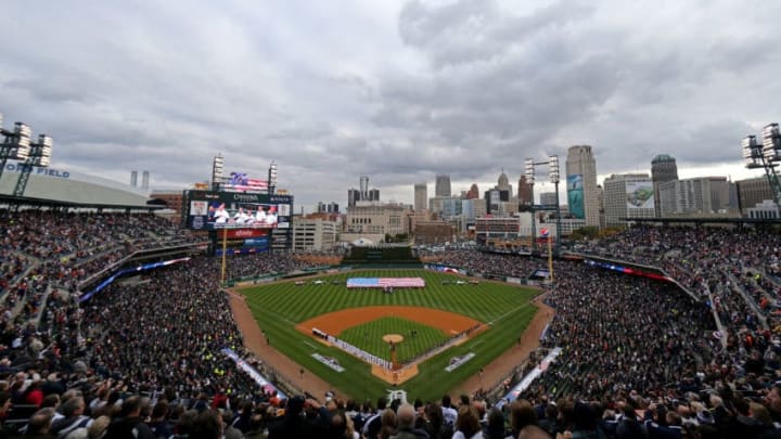 DETROIT, MI - OCTOBER 06: General view of the Detroit Tigers and the Oakland Athletics lining up on the baselines for the performance of the National Anthem and pregame festivities during Game One of the American League Division Series at Comerica Park on October 6, 2012 in Detroit, Michigan. (Photo by Leon Halip/Getty Images)