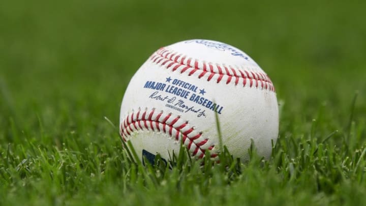 KANSAS CITY, MO - SEPTEMBER 27: A baseball sits on the field before the game between the Detroit Tigers and the Kansas City Royals at Kauffman Stadium on September 27, 2017 in Kansas City, Missouri. (Photo by Brian Davidson/Getty Images)
