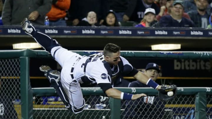 DETROIT, MI - MAY 20: Catcher James McCann #34 of the Detroit Tigers makes the catch on a foul ball hit by Joey Gallo of the Texas Rangers during the seventh inning at Comerica Park on May 20, 2017 in Detroit, Michigan. (Photo by Duane Burleson/Getty Images)