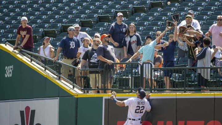 DETROIT, MI - SEPTEMBER 02: Victor Reyes #22 of the Detroit Tigers looks up at a home run by Mark Canha #20 of the Oakland Athletics in the first inning during a MLB game at Comerica Park on September 2, 2021 in Detroit, Michigan. (Photo by Dave Reginek/Getty Images)