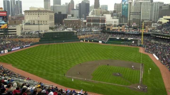 A view of the Detroit skyline from the first game at Comerica Park in April 2000. (Photo by JEFF KOWALSKY/AFP via Getty Images)