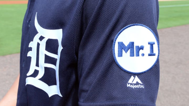 A detailed view of the 'Mr. I' patch to be worn by Detroit Tigers players and coaches in 2017. (Photo by Mark Cunningham/MLB Photos via Getty Images)