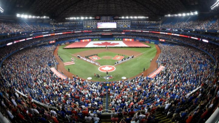 A view of opening ceremonies to celebrate Canada Day before a game between the Detroit Tigers and Toronto Blue Jays at Rogers Centre. Dan Hamilton-USA TODAY Sports