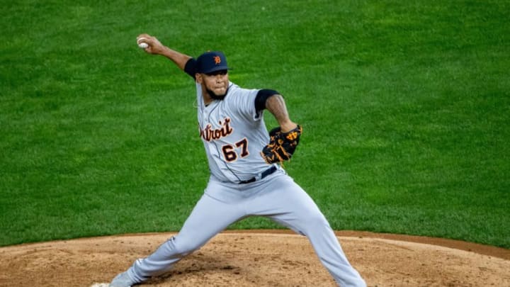 Sep 22, 2020; Minneapolis, Minnesota, USA; Detroit Tigers relief pitcher Jose Cisnero (67) delivers a pitch in the fourth inning against the Minnesota Twins at Target Field. Mandatory Credit: Jesse Johnson-USA TODAY Sports