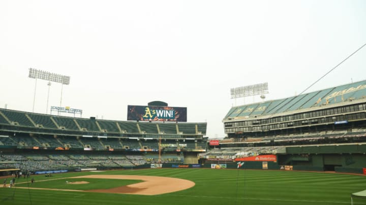 Oct 1, 2020; Oakland, California, USA; The video board displays ÒAÕs win!Ó after the Oakland Athletics win against the Chicago White Sox at Oakland Coliseum. Mandatory Credit: Kelley L Cox-USA TODAY Sports