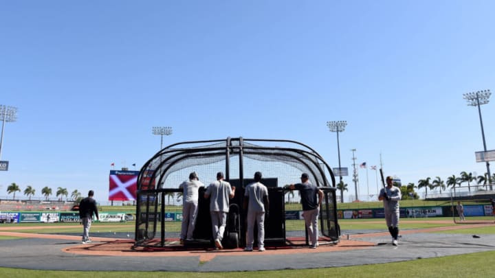 Mar 22, 2022; Clearwater, Florida, USA; Members of the Detroit Tigers take batting practice before the start of the game against the Philadelphia Phillies during spring training at BayCare Ballpark. Mandatory Credit: Jonathan Dyer-USA TODAY Sports