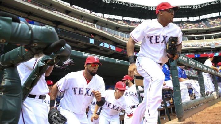 May 14, 2015; Arlington, TX, USA; Texas Rangers third baseman Adrian Beltre (29) leads the team out onto the field before the game against the Kansas City Royals at Globe Life Park in Arlington. Mandatory Credit: Kevin Jairaj-USA TODAY Sports