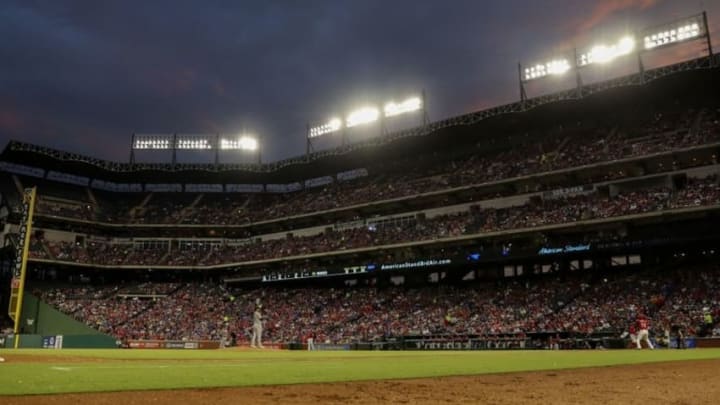Jul 27, 2016; Arlington, TX, USA; General view of the game between the Texas Rangers and Oakland Athletics during the fifth inning at Globe Life Park in Arlington. Mandatory Credit: Kevin Jairaj-USA TODAY Sports
