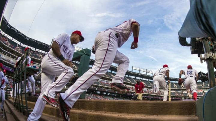 Aug 29, 2016; Arlington, TX, USA; The Texas Rangers take the field to face the Seattle Mariners at Globe Life Park in Arlington. Mandatory Credit: Jerome Miron-USA TODAY Sports