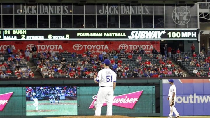 Sep 27, 2016; Arlington, TX, USA; Texas Rangers relief pitcher Matt Bush (51) on the field after throwing a 100 mph fastball in the ninth inning against the Milwaukee Brewers at Globe Life Park in Arlington. Texas won 6-4. Mandatory Credit: Tim Heitman-USA TODAY Sports