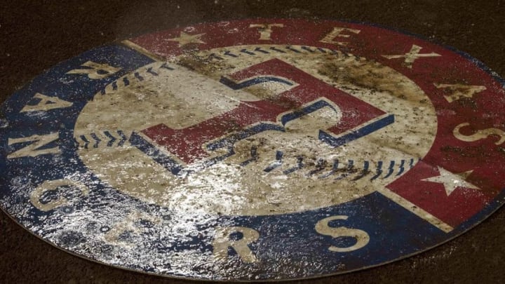 Sep 19, 2016; Arlington, TX, USA; A general view of the Texas Rangers logo during a rain delay in the eighth inning between the Texas Rangers and the Los Angeles Angels at Globe Life Park in Arlington. Mandatory Credit: Jerome Miron-USA TODAY Sports