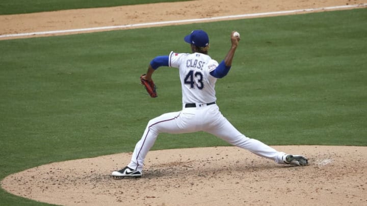 ARLINGTON, TX - AUGUST 4: Emmanuel Clase #43 of the Texas Rangers throws against the Detroit Tigers during the fifth inning at Globe Life Park in Arlington on August 4, 2019 in Arlington, Texas. The Rangers won 9-4. (Photo by Ron Jenkins/Getty Images)