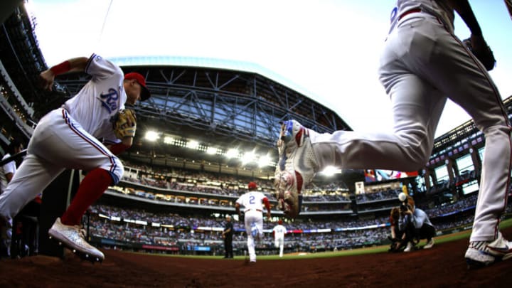 ARLINGTON, TX - OCTOBER 3: The Texas Rangers take the field before playing against the New York Yankees at Globe Life Field on October 3, 2022 in Arlington, Texas. (Photo by Ron Jenkins/Getty Images)