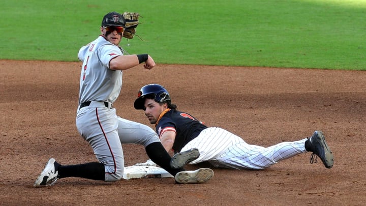 HOUSTON, TEXAS – MARCH 06: Jace Jung #2 of the Texas Tech Red Raiders tags out Blake Faecher #3 of the Sam Houston State Bearkats in the fourth inning at Minute Maid Park on March 06, 2021 in Houston, Texas. (Photo by Bob Levey/Getty Images)