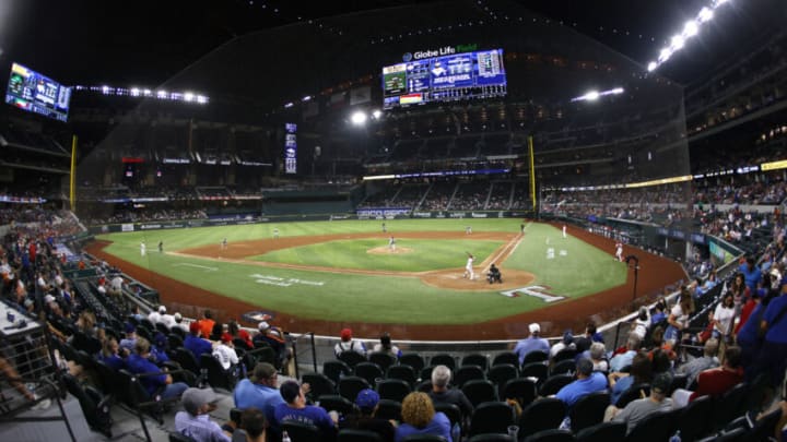 ARLINGTON, TX - SEPTEMBER 16: Luis Garcia #77 of the Houston Astros pitches to Isiah Kiner-Falefa #9 of the Texas Rangers during the sixth inning at Globe Life Field on September 16, 2021 in Arlington, Texas. (Photo by Ron Jenkins/Getty Images)