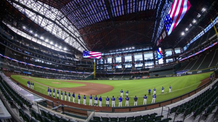 Jul 22, 2020; Arlington, Texas, USA; A view of the field and the players during the playing of the National Anthem before the game between the Texas Rangers and the Colorado Rockies at Globe Life Field. Mandatory Credit: Jerome Miron-USA TODAY Sports