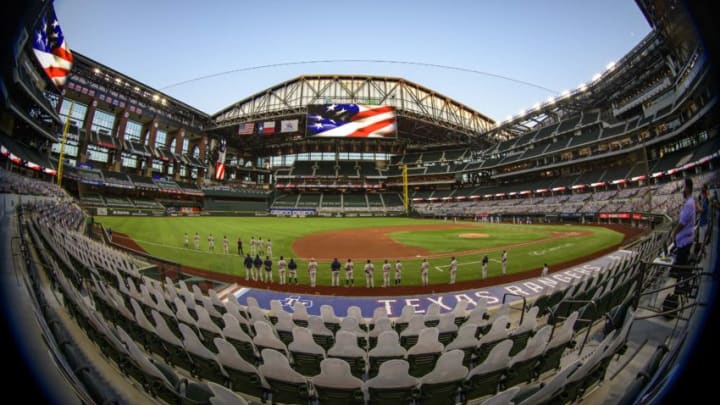 Sep 24, 2020; Arlington, Texas, USA; A view of the field and the fan cutouts and the open roof during the playing of the National Anthem before the game between the Texas Rangers and the Houston Astros at Globe Life Field. Mandatory Credit: Jerome Miron-USA TODAY Sports