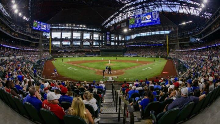 Jun 26, 2021; Arlington, Texas, USA; A view of the ballpark and the field and the stands and the fans and the closed roof during the fourth inning between the Texas Rangers and the Kansas City Royals at Globe Life Field. Mandatory Credit: Jerome Miron-USA TODAY Sports