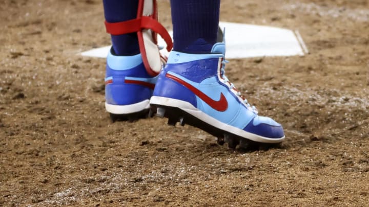 Jul 11, 2021; Arlington, Texas, USA; The shoes worn by Texas Rangers designated hitter Adolis Garcia (53) during the game against the Oakland Athletics at Globe Life Field. Mandatory Credit: Kevin Jairaj-USA TODAY Sports