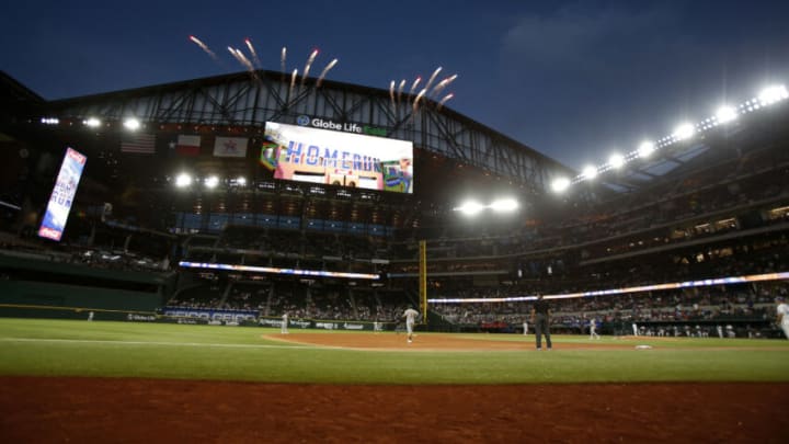 Sep 14, 2022; Arlington, Texas, USA; Texas Rangers third baseman Mark Mathias (9) rounds the bases after hitting a three-run home run against the Oakland Athletics in the second inning at Globe Life Field. Mandatory Credit: Tim Heitman-USA TODAY Sports